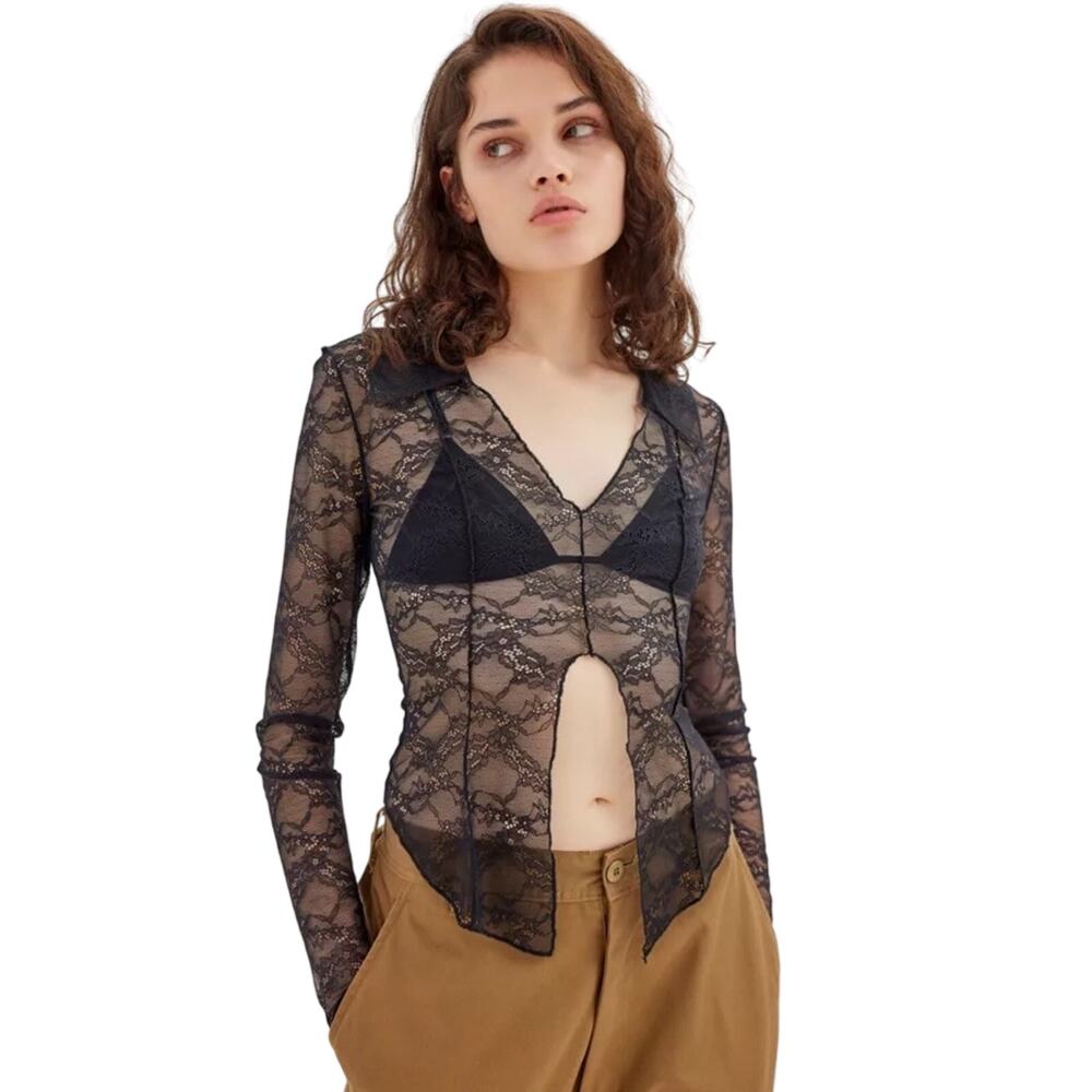 Urban Outfitters Moonlit Sheer Black Lace‎ LS Top Med Grunge Goth Whimsy Gypsy